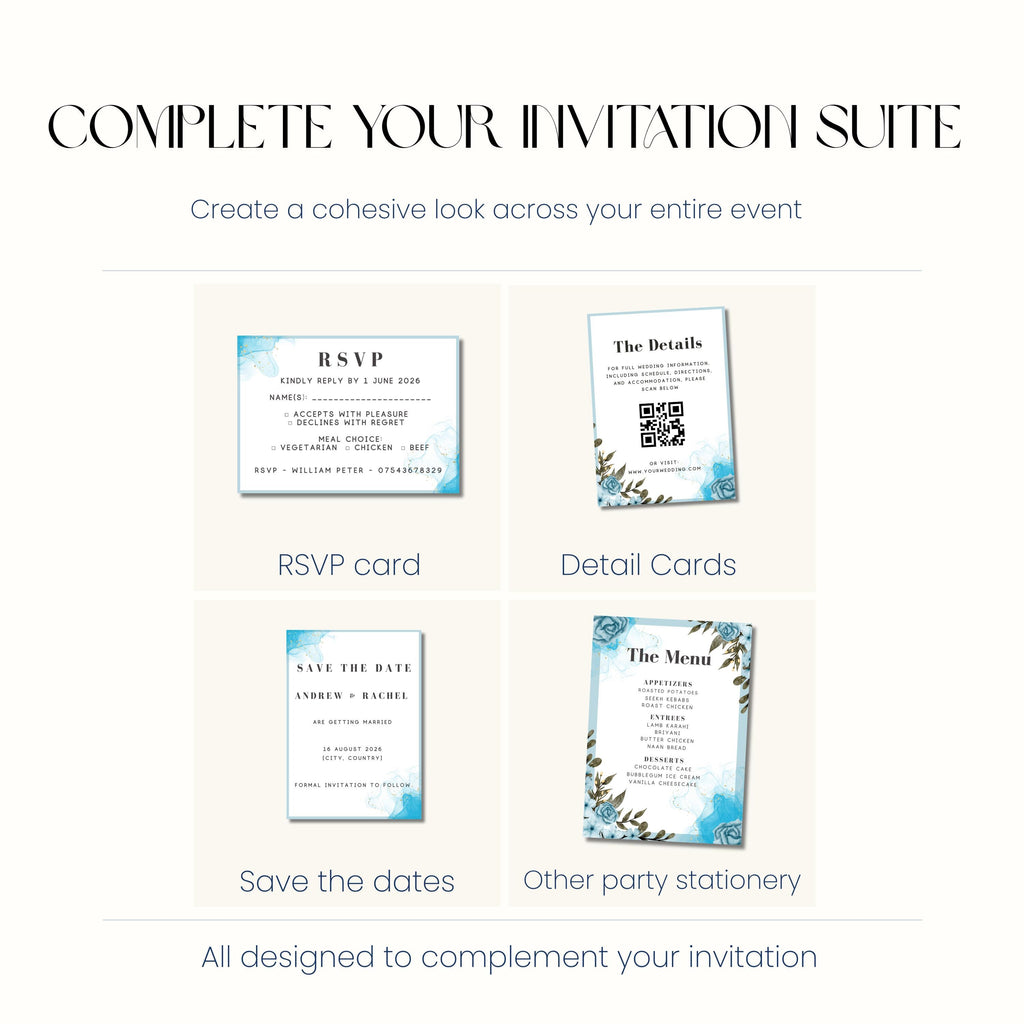 Something Blue Wedding Invitation, Blue Floral Wedding Invite, Personalised Invitation