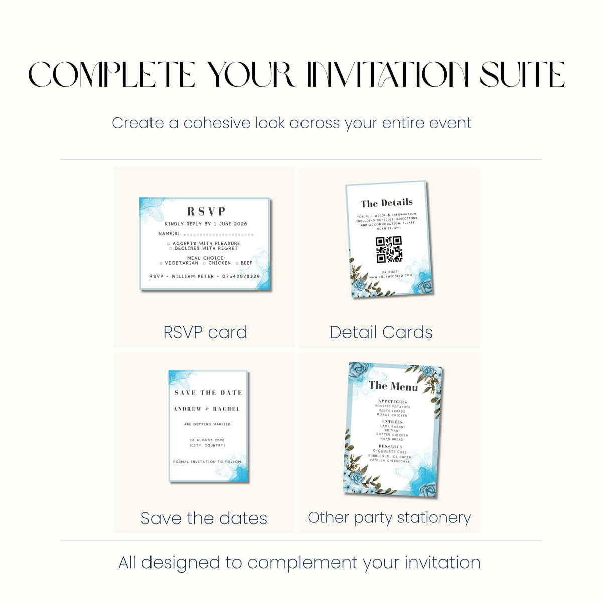 Something Blue Wedding Invitation, Blue Floral Wedding Invite, Personalised Invitation