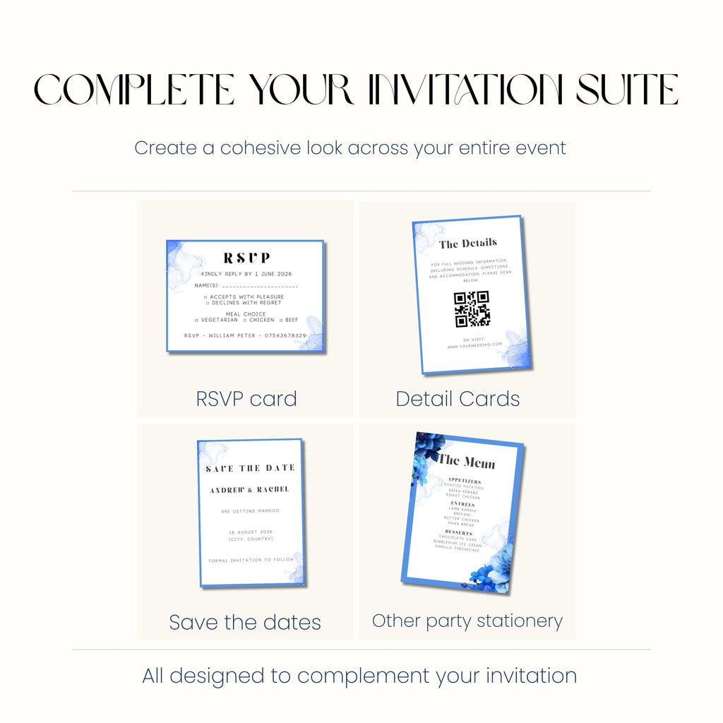 Something Blue Wedding Invitation, Blue Floral Wedding Invite, Personalised Invitation