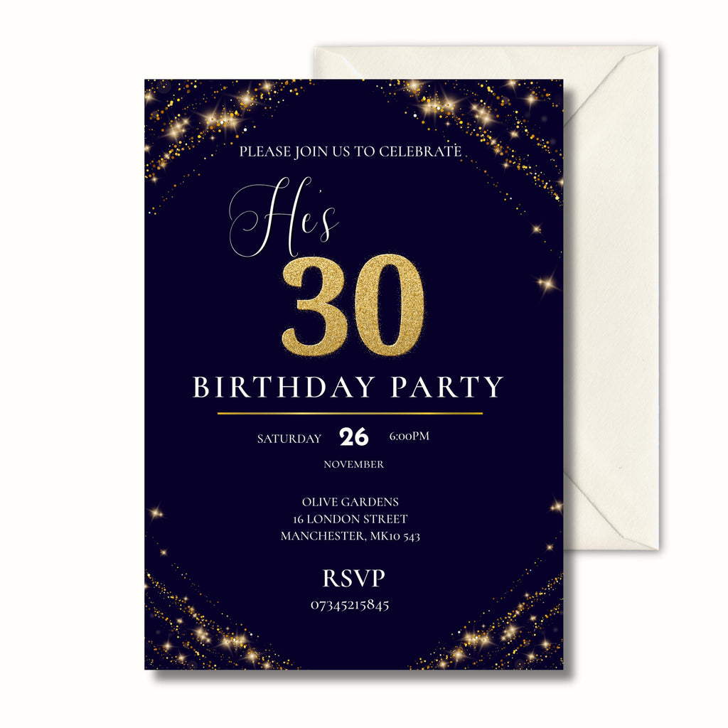Navy Gold 30th Birthday Invitation, Elegant Milestone Party Invite, Personalised Invite