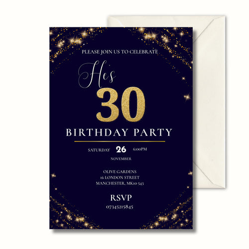 30th Birthday Invitation, Navy Gold Party Invite, Personalised Digital Invite, Milestone Birthday PDF