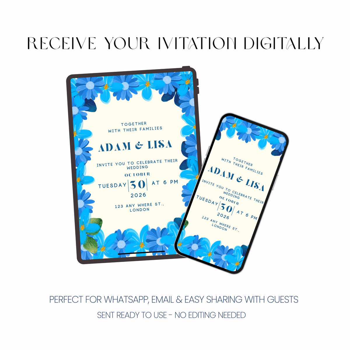 Blue Floral Wedding Invitation, Elegant Wedding Invite, Personalised Invitation
