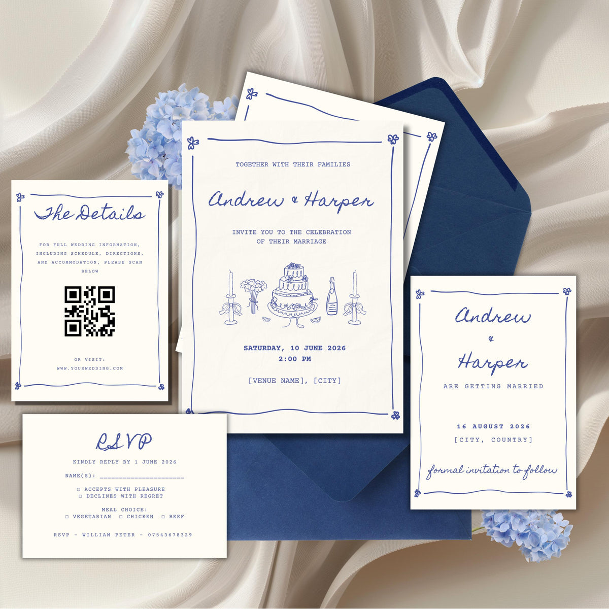blue vintage wedding invitation suite with cake illustration and classic design