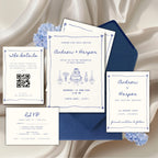 blue vintage wedding invitation suite with cake illustration and classic design