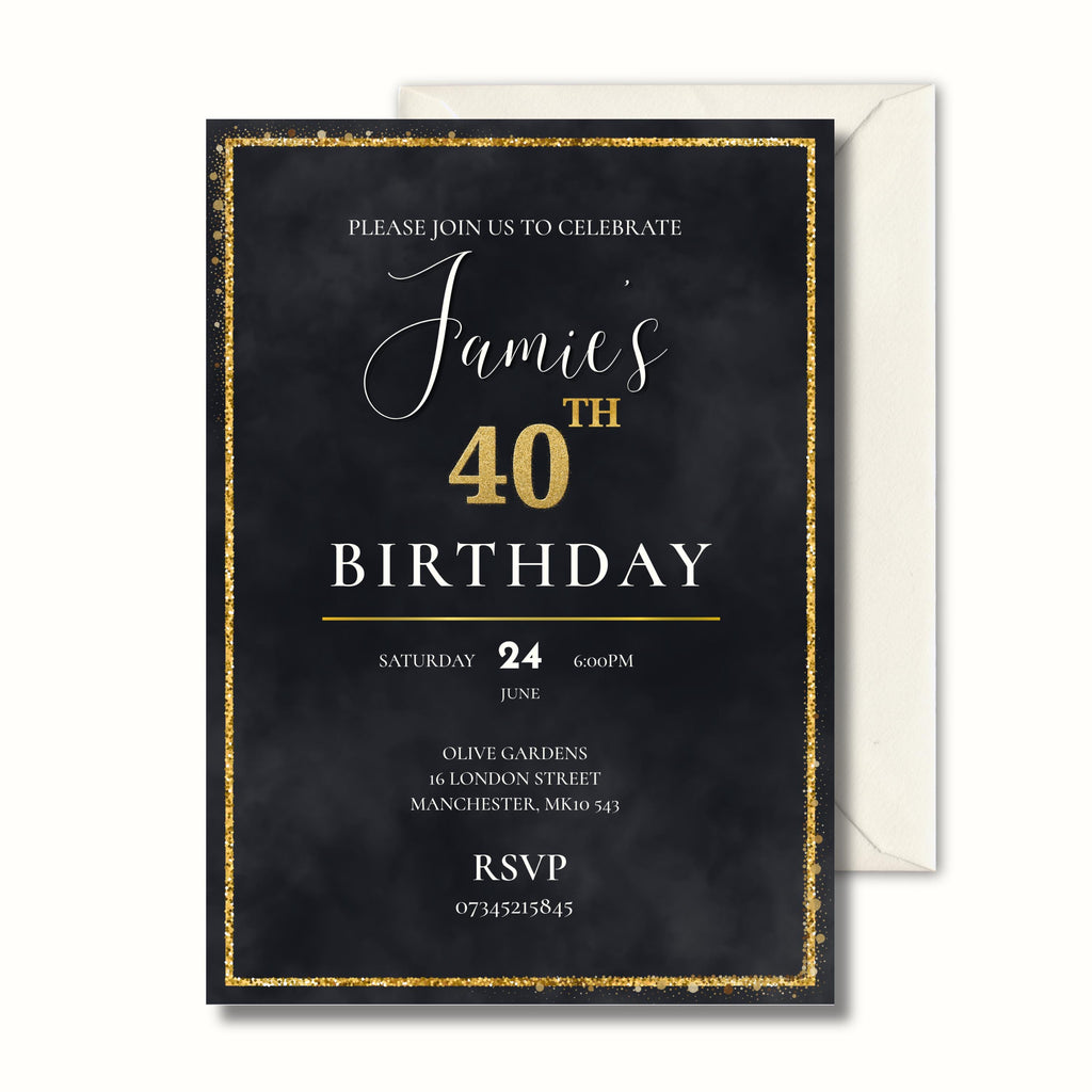 Luxury Black Gold 40th Birthday Invitation, Personalised Adult Birthday Party Invite