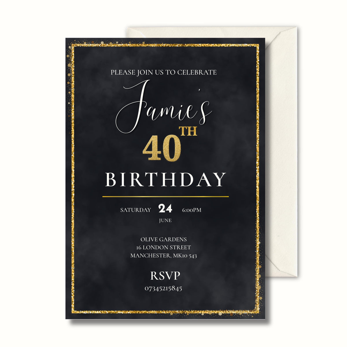 Luxury Black Gold 40th Birthday Invitation, Personalised Adult Birthday Party Invite