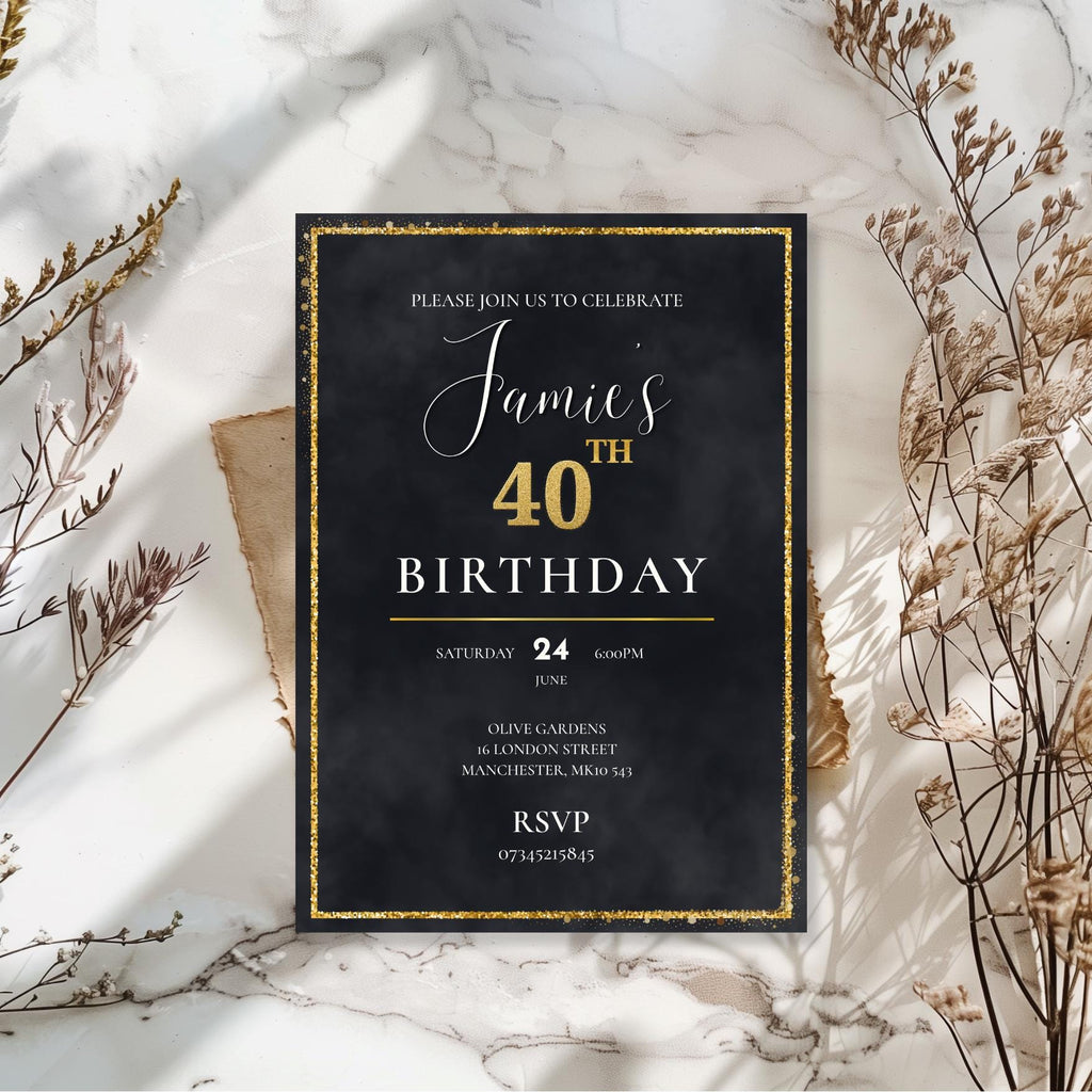 Luxury Black Gold 40th Birthday Invitation, Personalised Adult Birthday Party Invite