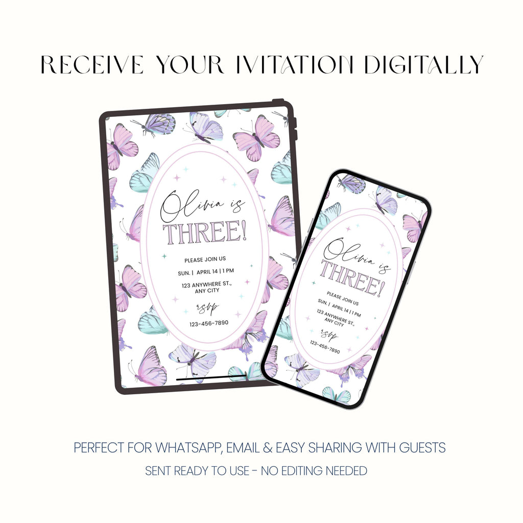 Whimsical pastel butterfly third birthday invitation