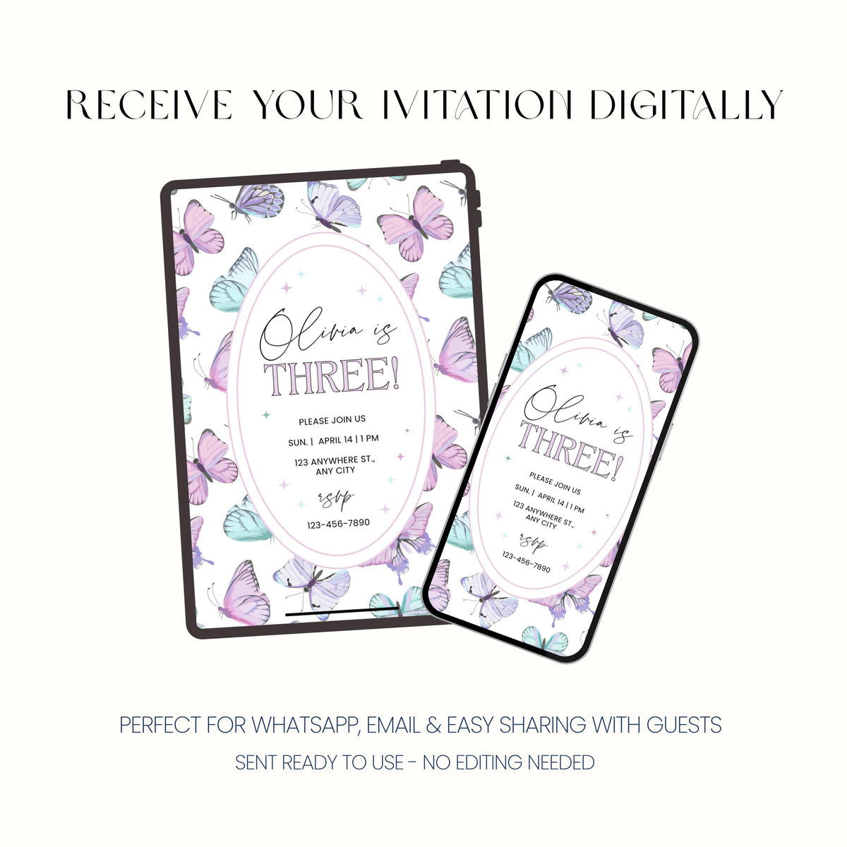 Whimsical pastel butterfly third birthday invitation