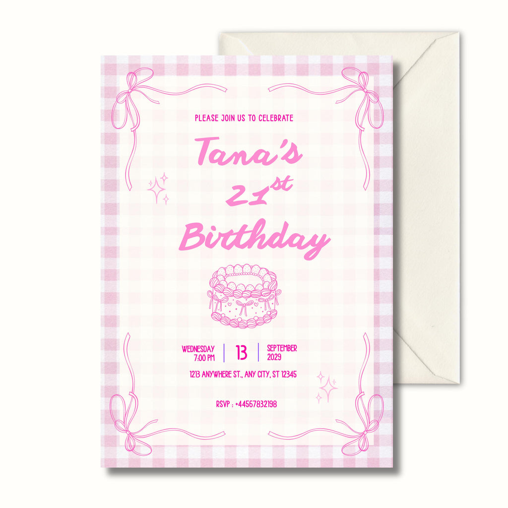 21st Birthday Invitation Pink Gingham, Coquette Party Invite, Personalised Invitation