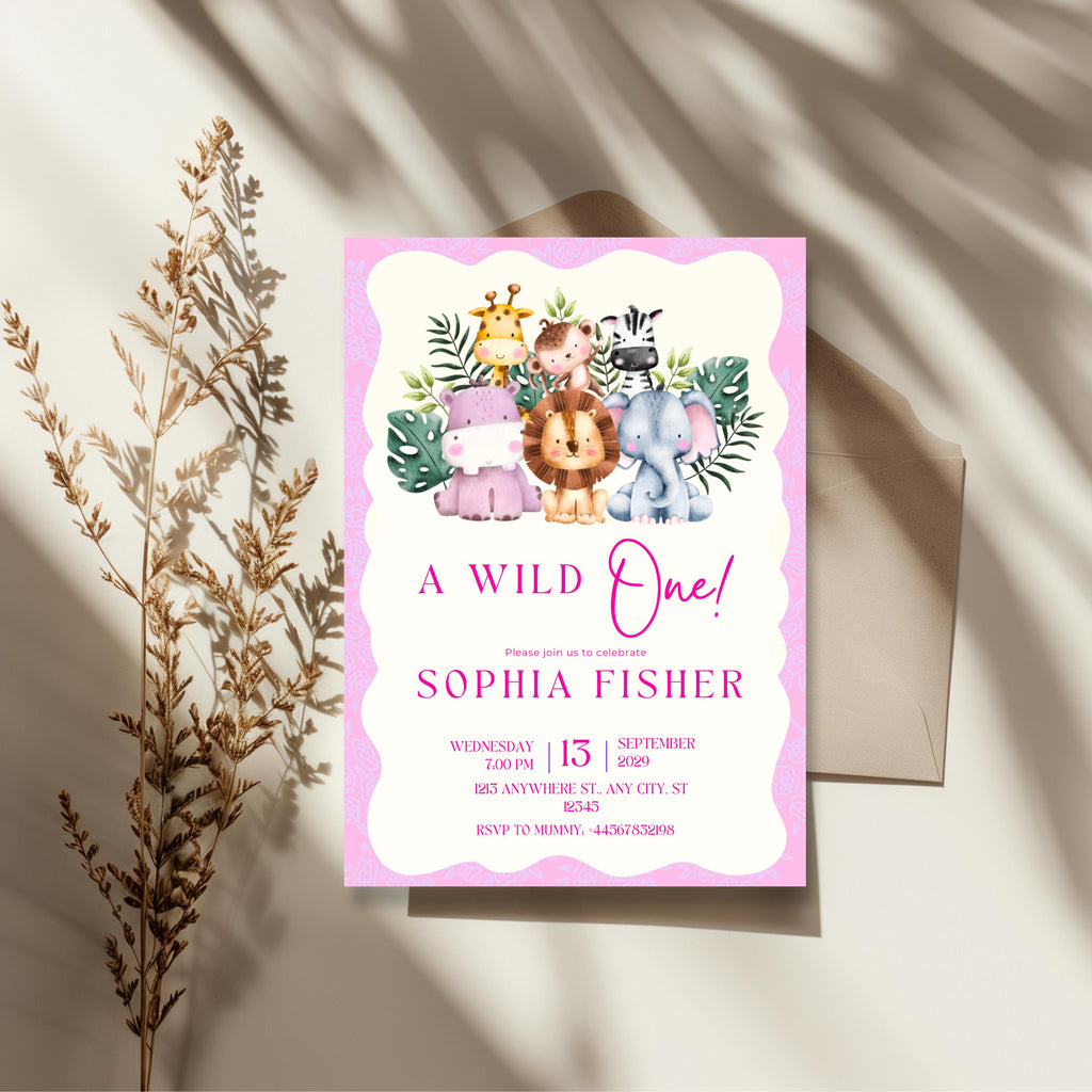 Wild One Pink First Birthday Invitation, Safari Animal Party Invite, Personalised Invitation