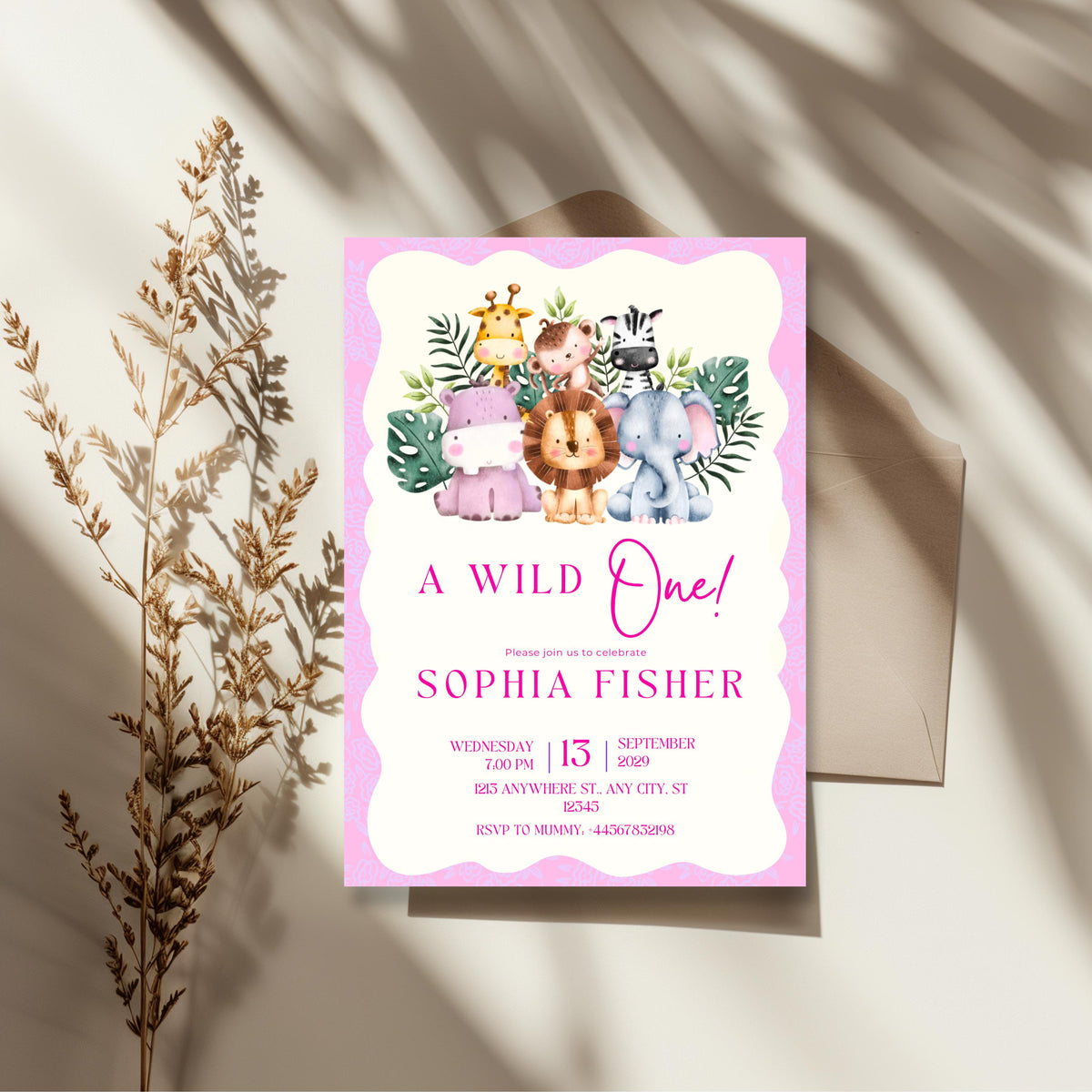 Wild One Pink First Birthday Invitation, Safari Animal Party Invite, Personalised Invitation