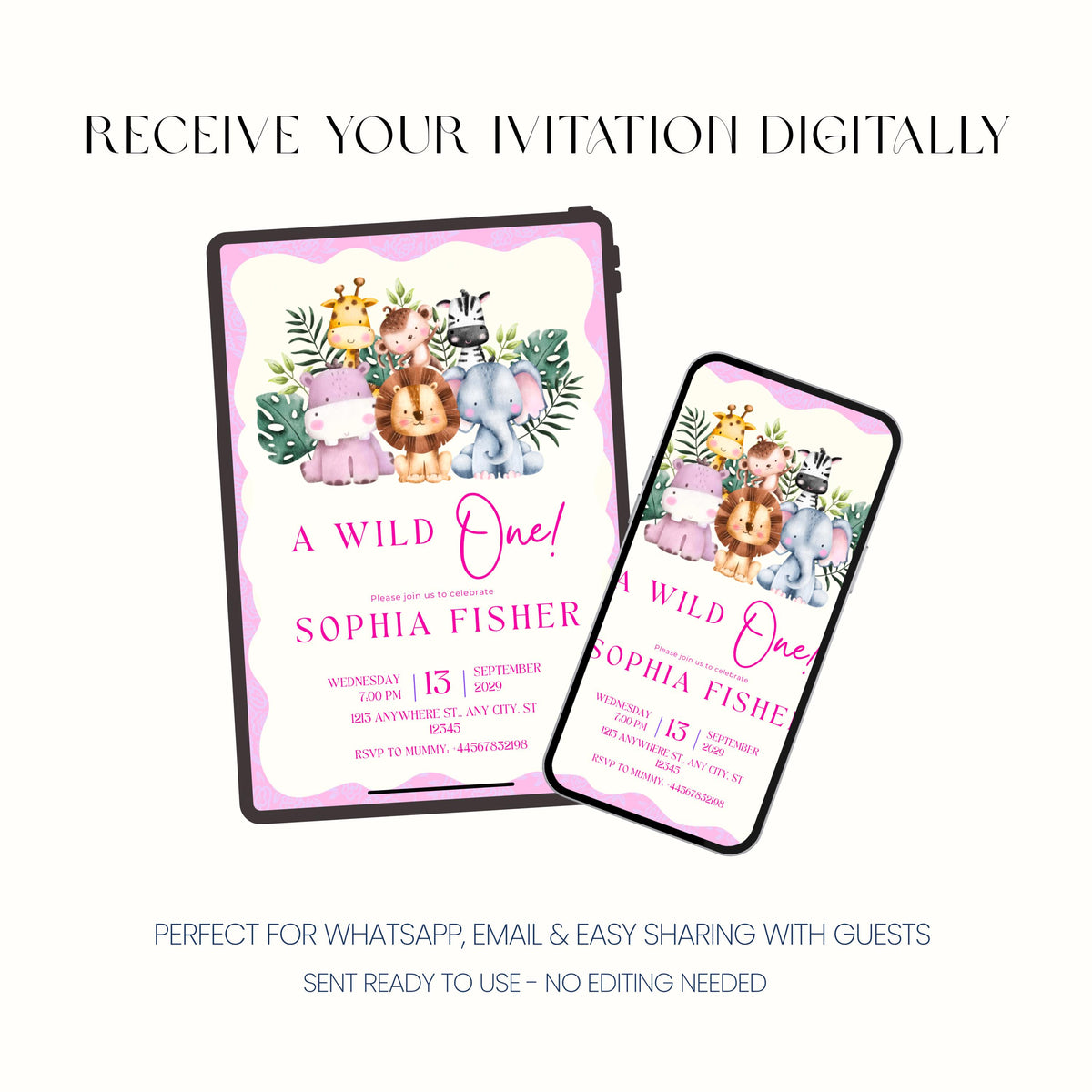 Pink Wild One First Birthday Invitation, Safari Animal Party Invite, Personalised Digital Invitation