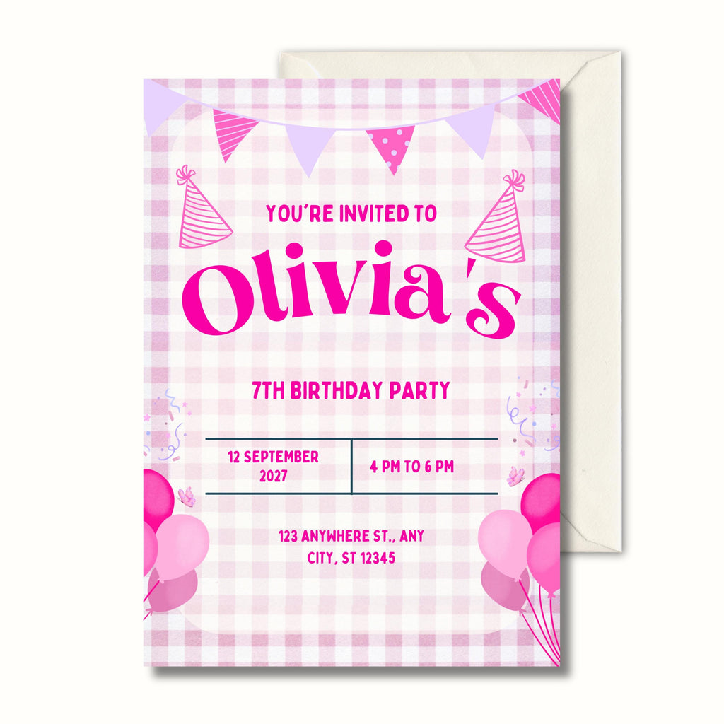 Retro Pink 7th Birthday Invitation, Kids Birthday Party Invite, Personalised Digital Invitation