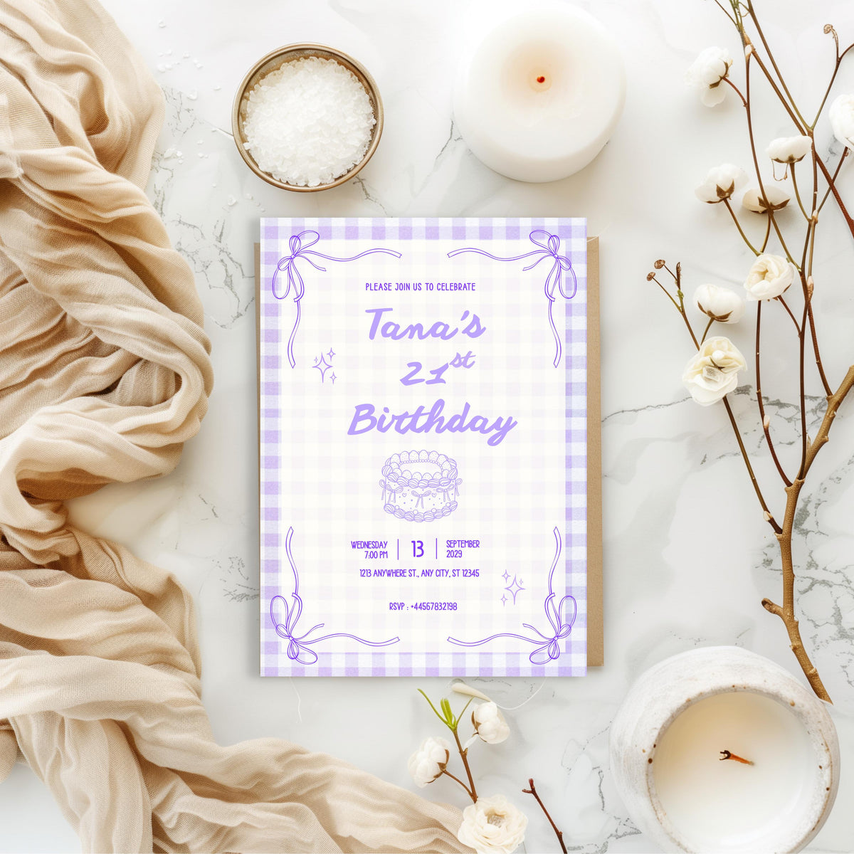 21st Birthday Invitation Purple Gingham, Coquette Party Invite, Personalised Invitation