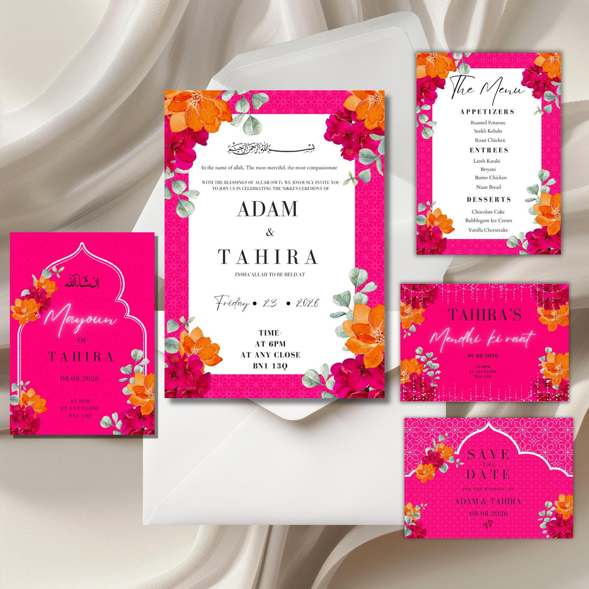Fuchsia Festivity Pink Wedding Invitation Suite | Mehndi Mayoun Nikkah Invites | Desi Muslim Wedding Stationery