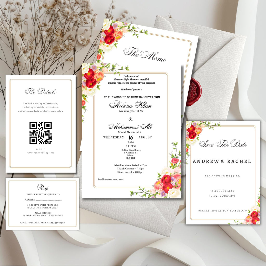 Red Gold Floral Nikkah Wedding Invitation Suite | Traditional Printed Invites – Shipped to You