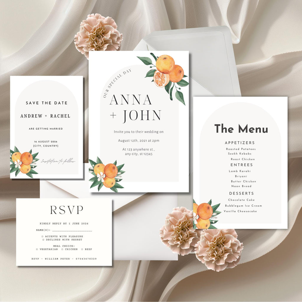 Citrus Orchard Wedding Invitation Suite | Fresh Orange Watercolour Printed Invites – Shipped to You