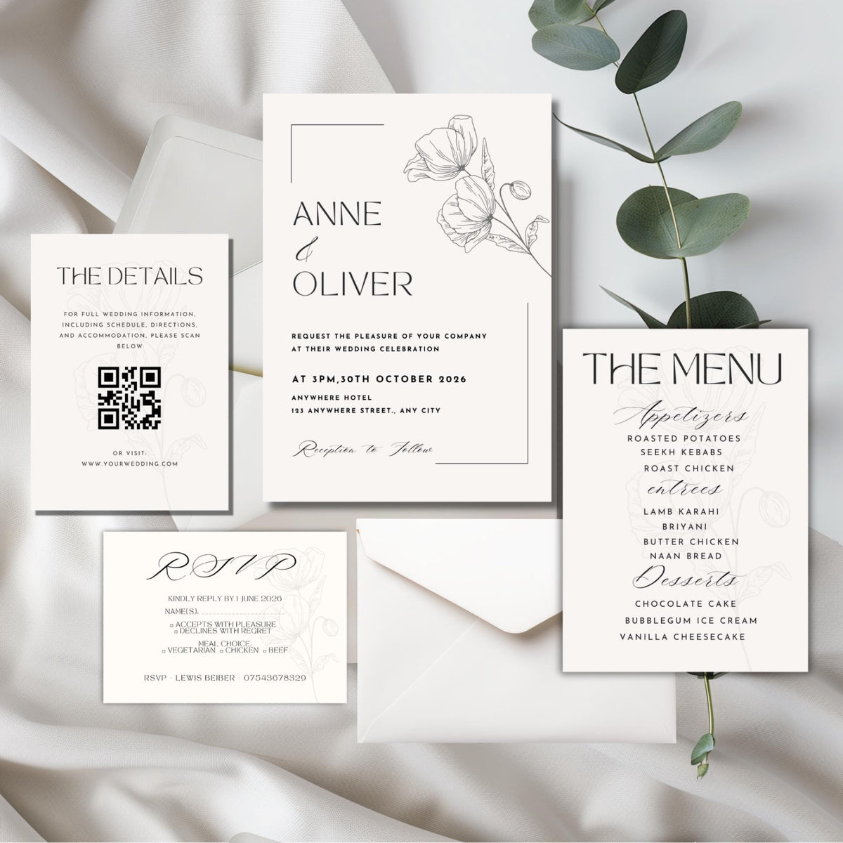 Eucalyptus Line Art Wedding Invitation Suite | Minimalist Black & White Floral Printed Invites – Shipped