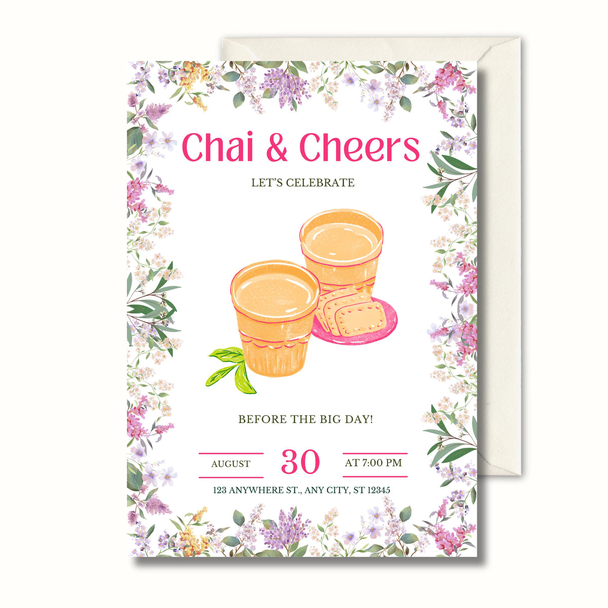 Personalised Chai & Cheers Invitation, Bridal Tea Party Invite, Mehndi Invitation, Printed 5x7 Invitations, Shipped to You
