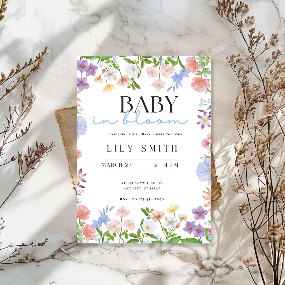 Personalised Baby in Bloom Baby Shower Invitation, Floral Baby Shower Invite, Digital Invitation