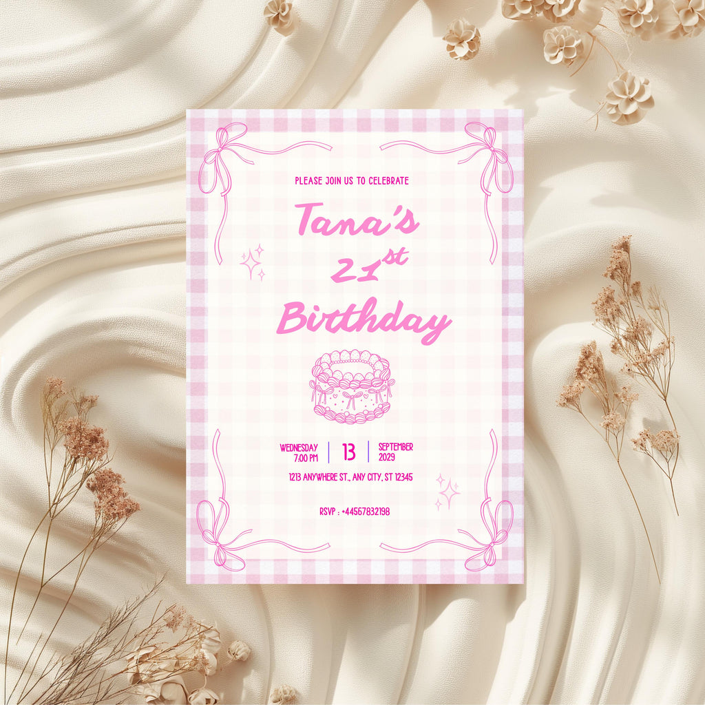 21st Birthday Invitation Pink Gingham, Coquette Party Invite, Personalised Invitation
