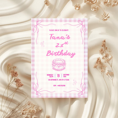 21st Birthday Invitation Pink Gingham, Coquette Party Invite, Personalised Invitation