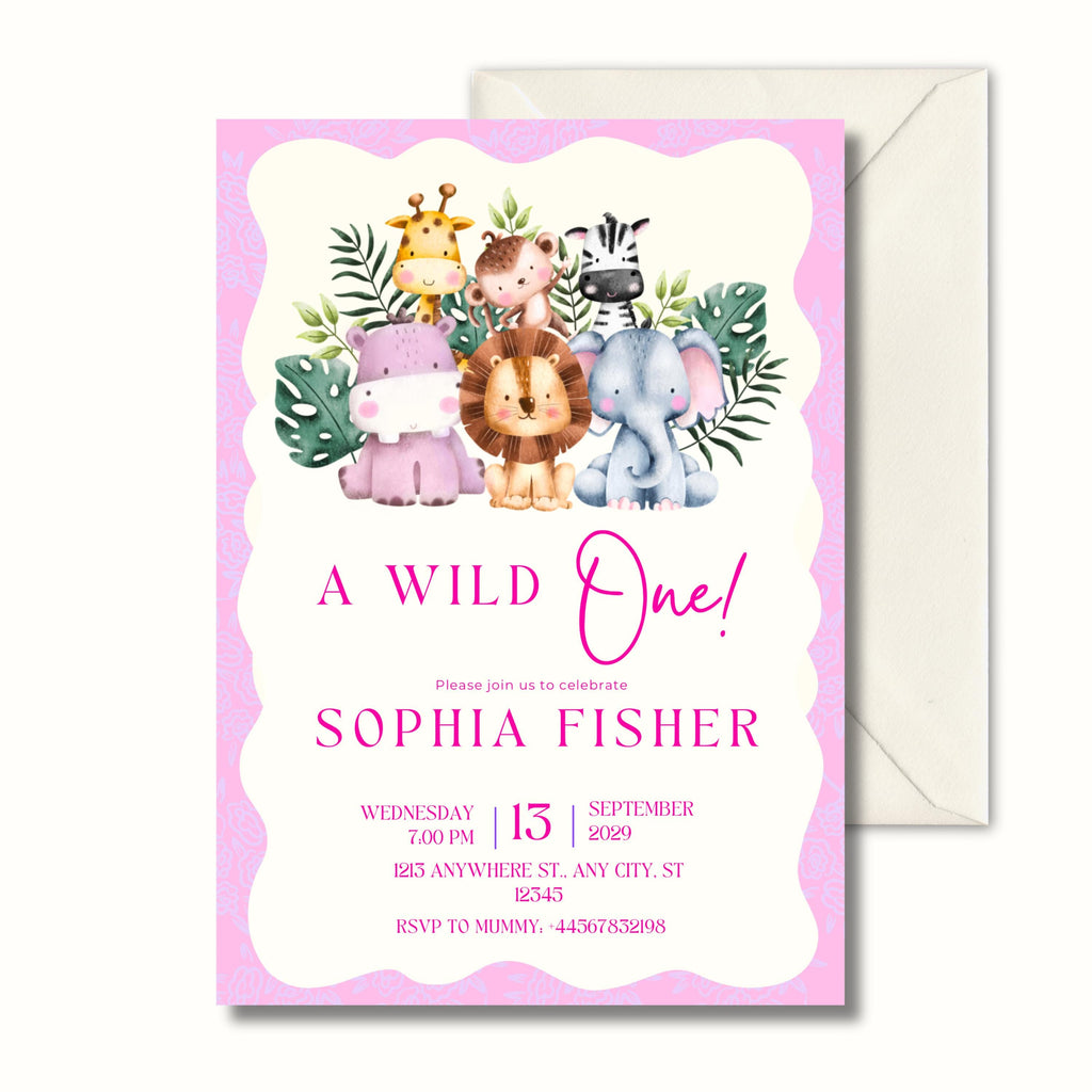 Wild One Pink First Birthday Invitation, Safari Animal Party Invite, Personalised Invitation