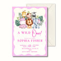 Wild One Pink First Birthday Invitation, Safari Animal Party Invite, Personalised Invitation