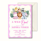 Wild One Pink First Birthday Invitation, Safari Animal Party Invite, Personalised Invitation