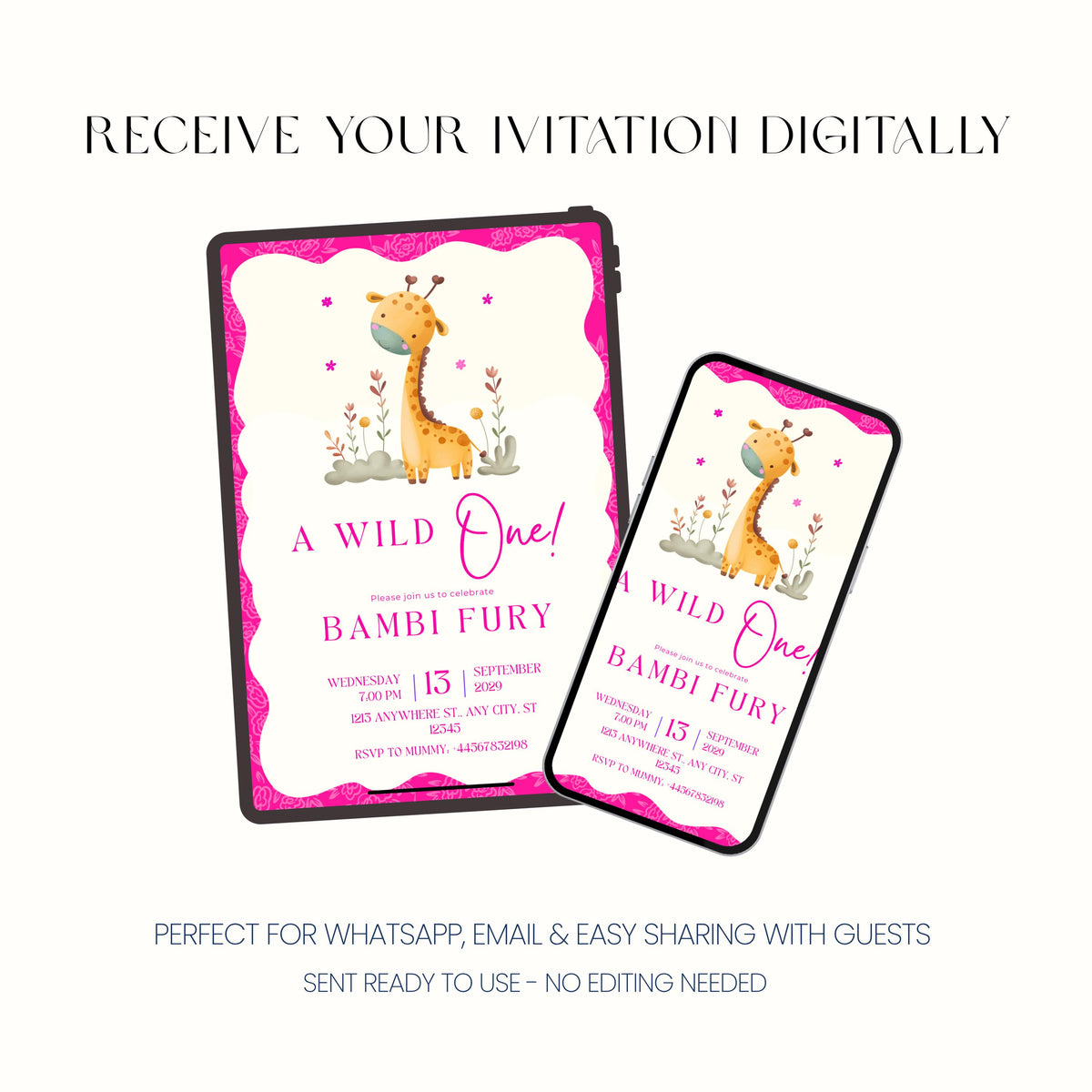 Pink Wild One First Birthday Invitation, Safari Animal Party Invite, Personalised Digital Invitation