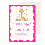 Pink Wild One First Birthday Invitation, Safari Animal Party Invite, Personalised Digital Invitation