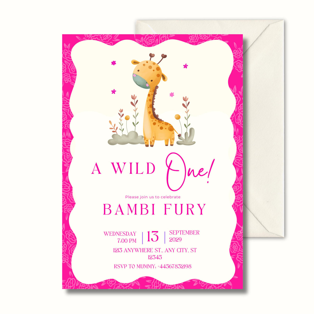 Pink Wild One First Birthday Invitation, Safari Animal Party Invite, Personalised Digital Invitation