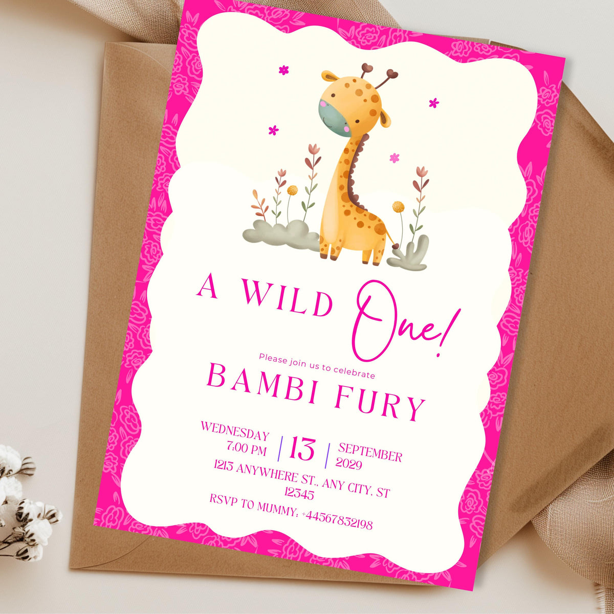 Pink Wild One First Birthday Invitation, Safari Animal Party Invite, Personalised Digital Invitation