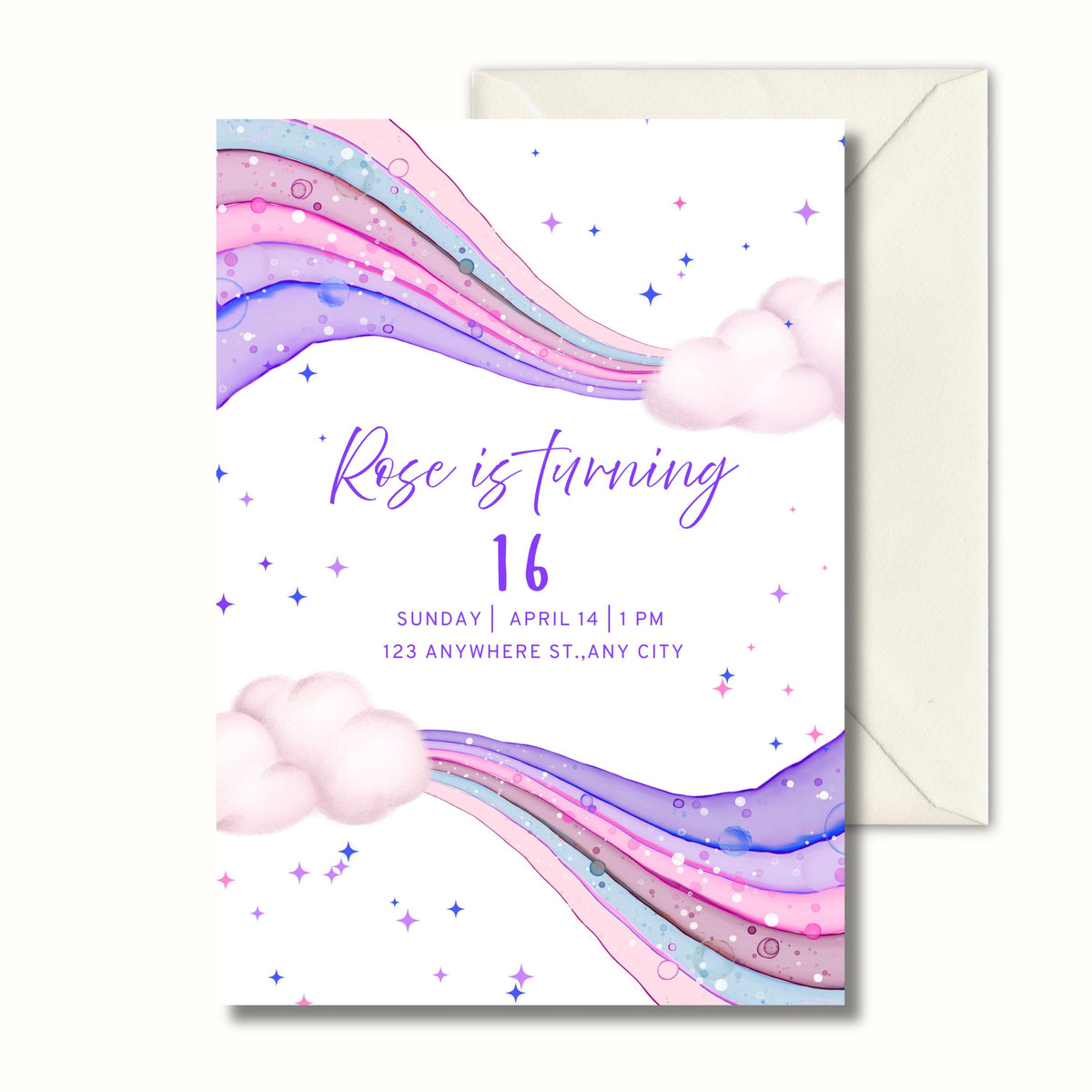 16th Rainbow Birthday Invitation, Water Colour Party Invite, Personalised Digital Invite, Kids Party PDF