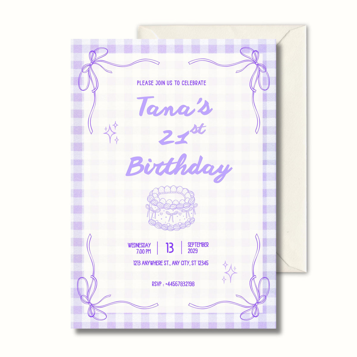 21st Birthday Invitation Purple Gingham, Coquette Party Invite, Personalised Invitation