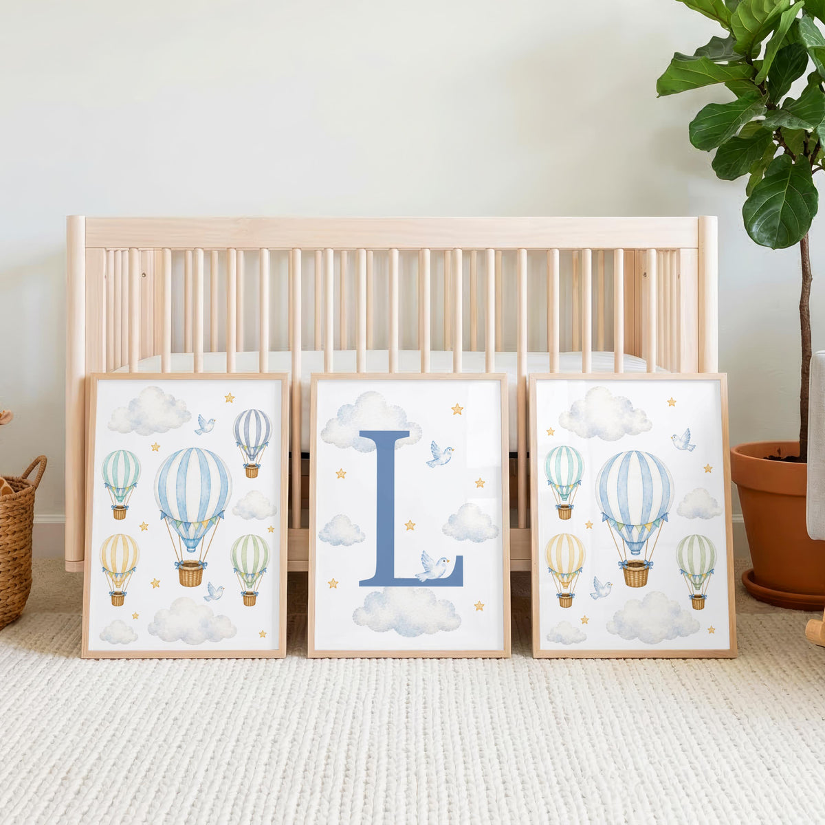 Personalised Baby Boy Nursery Prints | Hot Air Balloon Wall Art Set | Custom Initial Nursery Decor | Set of 3 A4 A3 Prints
