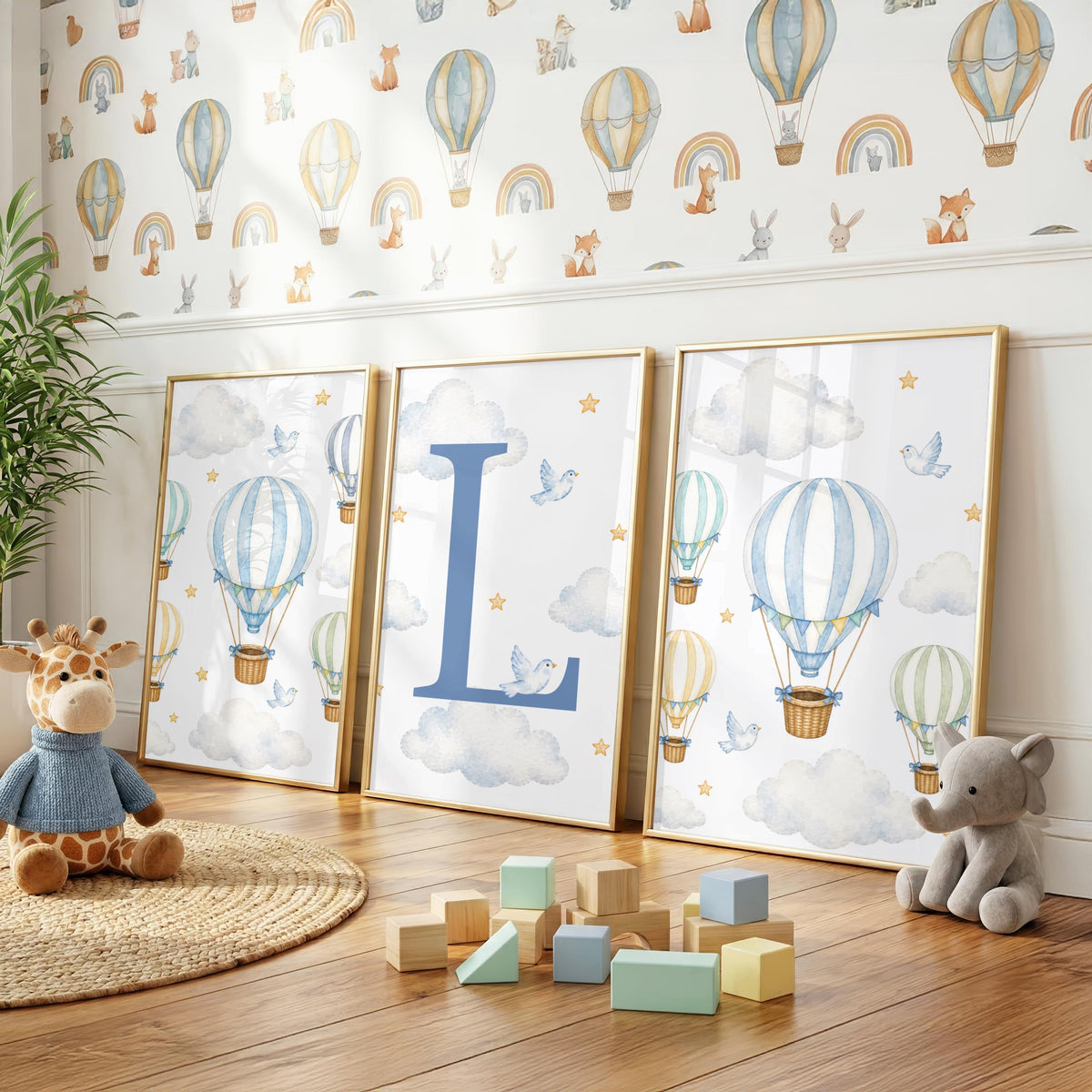 Personalised Baby Boy Nursery Prints | Hot Air Balloon Wall Art Set | Custom Initial Nursery Decor | Set of 3 A4 A3 Prints