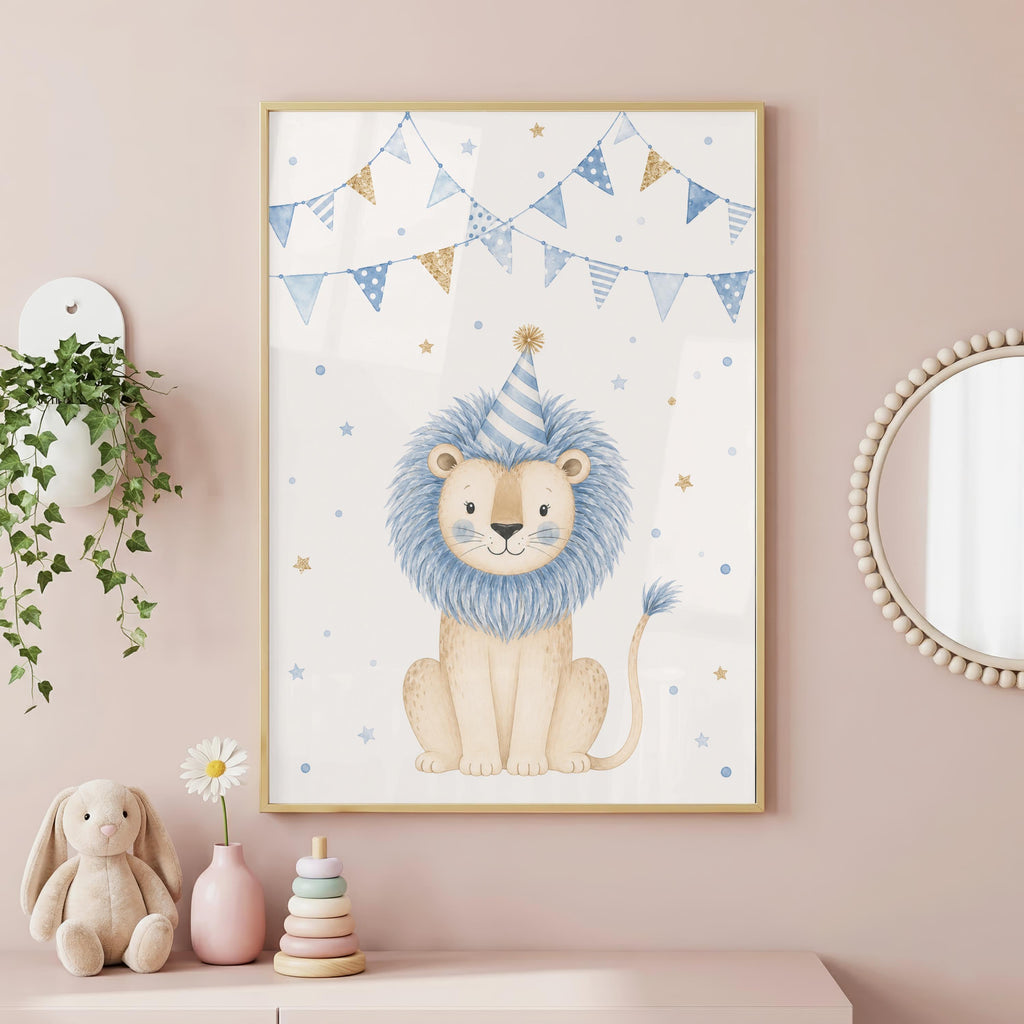Lion Nursery Print, Blue Safari Wall Art, Baby Boy Nursery Decor, Cute Lion Poster, Animal Nursery Print, A4 A3