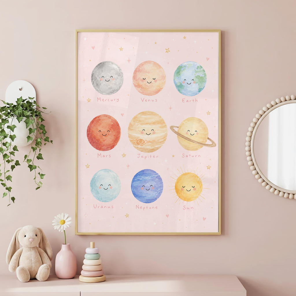 Pink Solar System Print, Planet Nursery Poster, Girls Space Bedroom Decor, Educational Planet Wall Art, Astronomy Nursery Print
