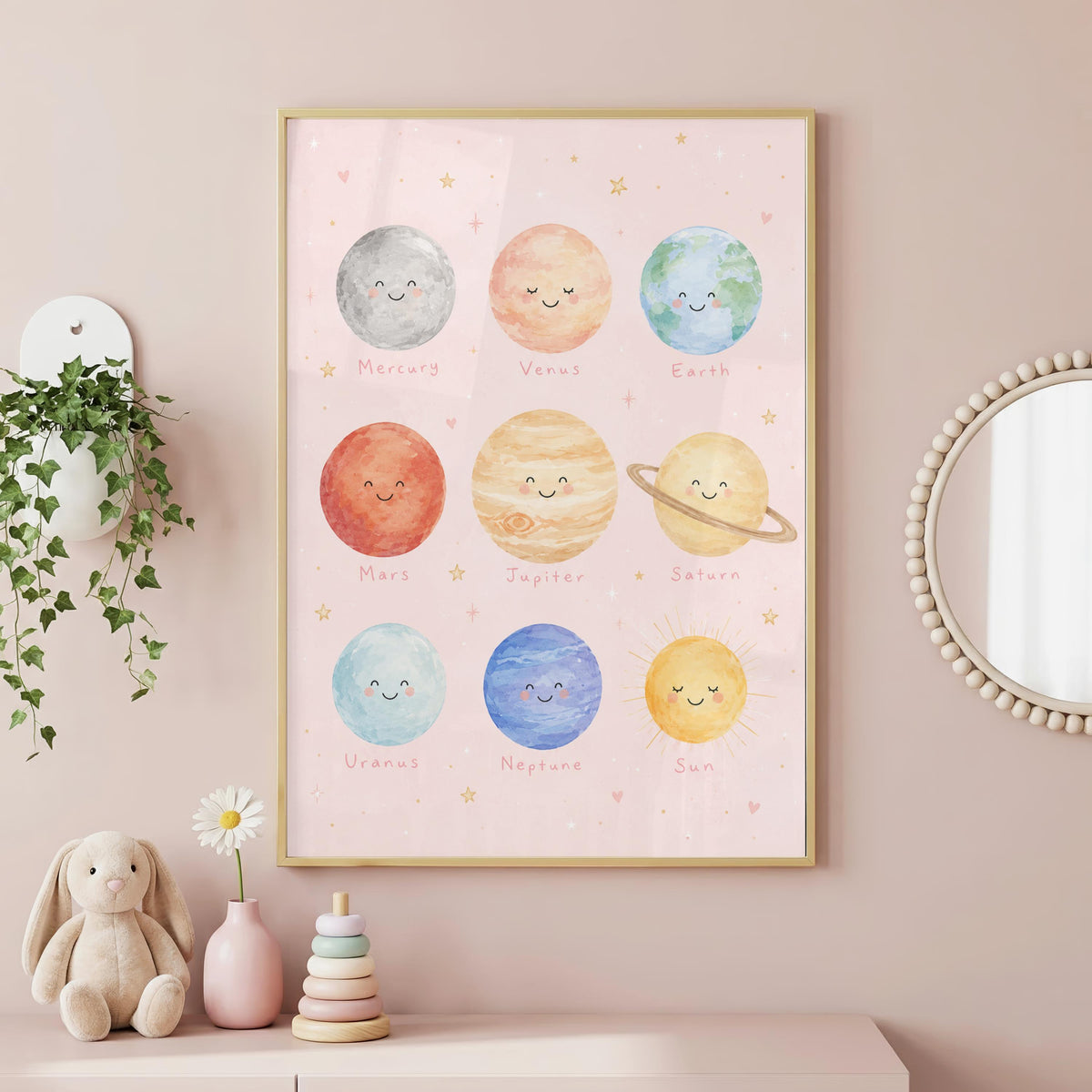 Pink Solar System Print, Planet Nursery Poster, Girls Space Bedroom Decor, Educational Planet Wall Art, Astronomy Nursery Print