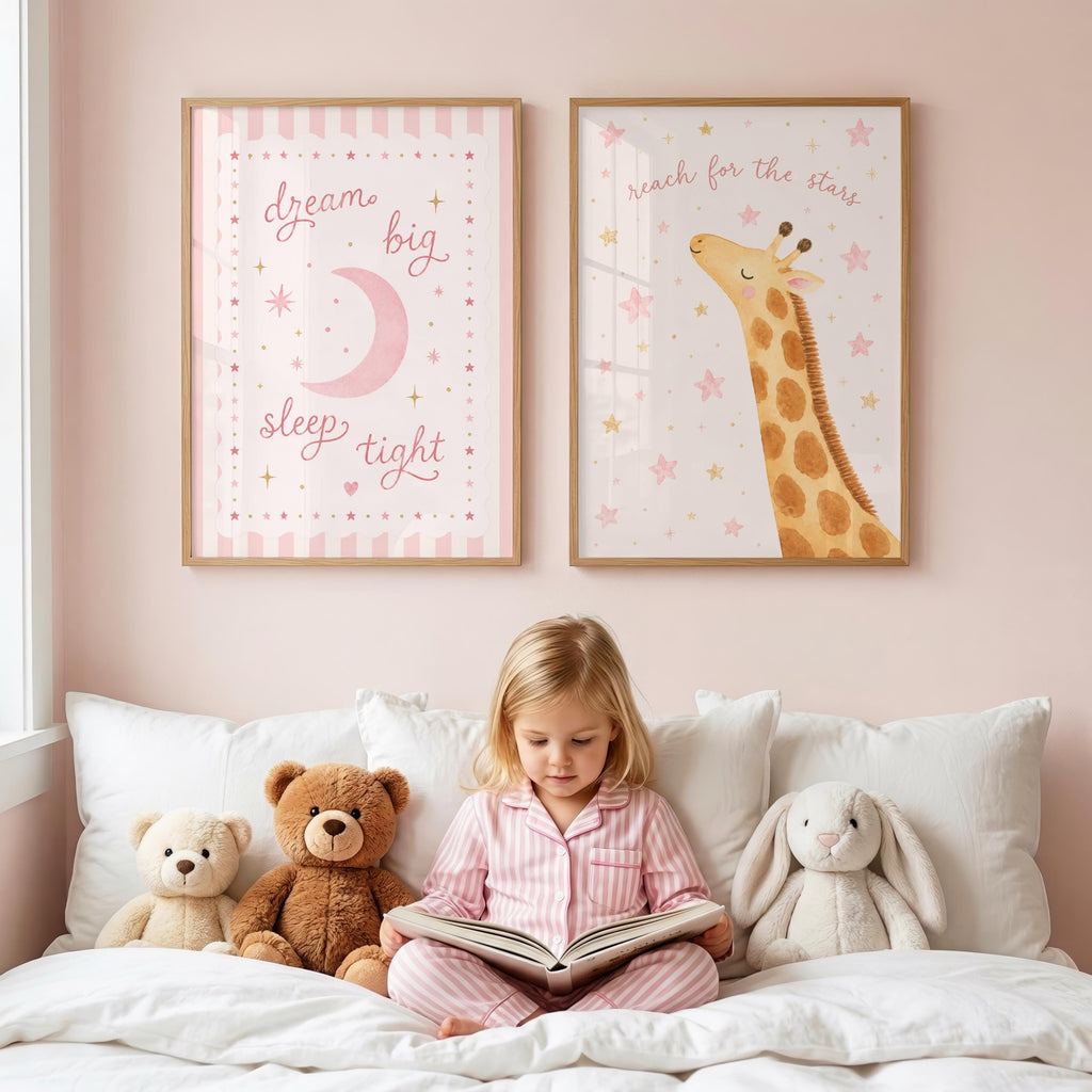 Pink Nursery Prints Set of 2, Dream Big Sleep Tight and Reach for the Stars Giraffe Wall Art, Baby Girl Bedroom Decor, A4 A3