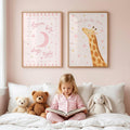 Pink Nursery Prints Set of 2, Dream Big Sleep Tight and Reach for the Stars Giraffe Wall Art, Baby Girl Bedroom Decor, A4 A3