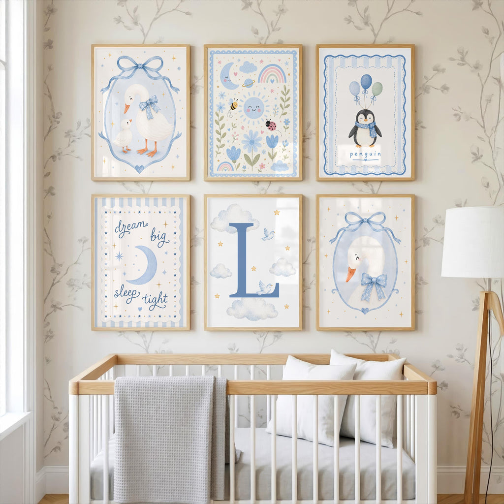Personalised Baby Boy Nursery Prints | Hot Air Balloon Wall Art Set | Custom Initial Nursery Decor | Set of 3 A4 A3 Prints