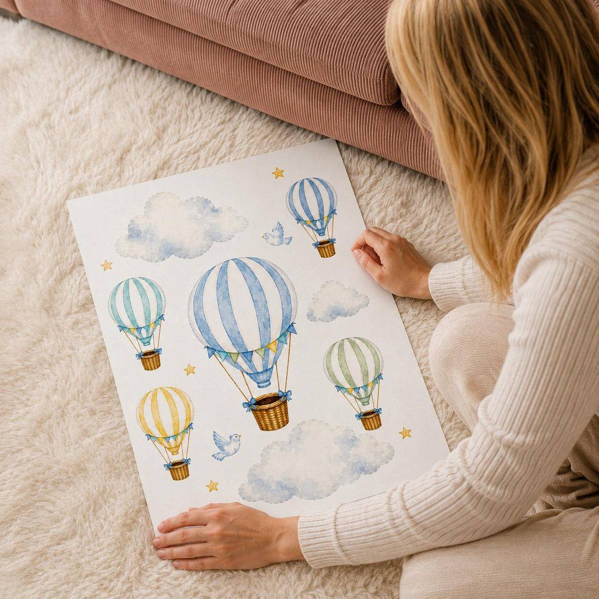 Personalised Baby Boy Nursery Prints | Hot Air Balloon Wall Art Set | Custom Initial Nursery Decor | Set of 3 A4 A3 Prints
