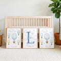 Personalised Nursery Prints Set of 3, Blue Hot Air Balloon Wall Art, Custom Name Baby Boy Decor, Initial Nursery Prints, A4 A3