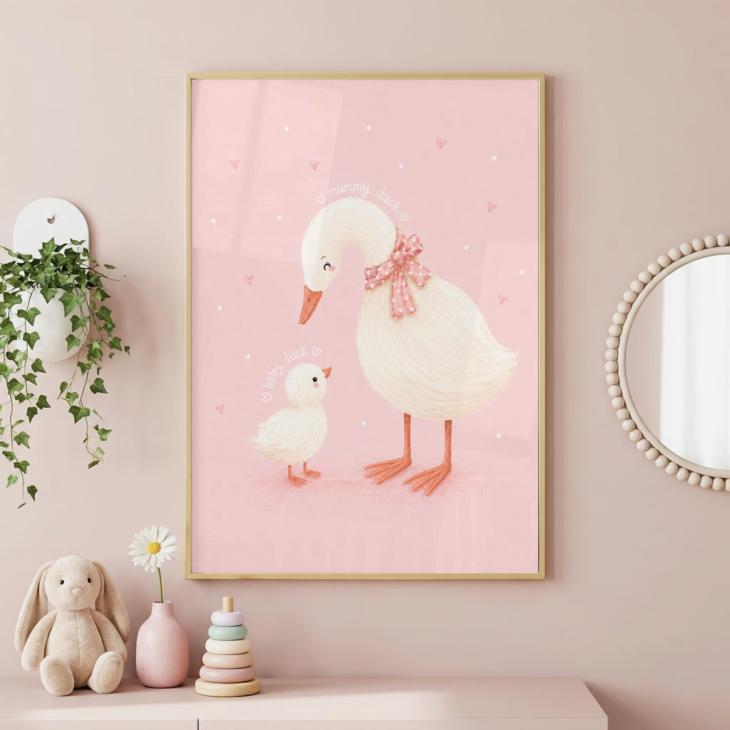 Duck Nursery Print, Mummy Duck Wall Art, Baby Duck Nursery Decor, Pink Nursery Poster, Girls Bedroom Print, A4 A3