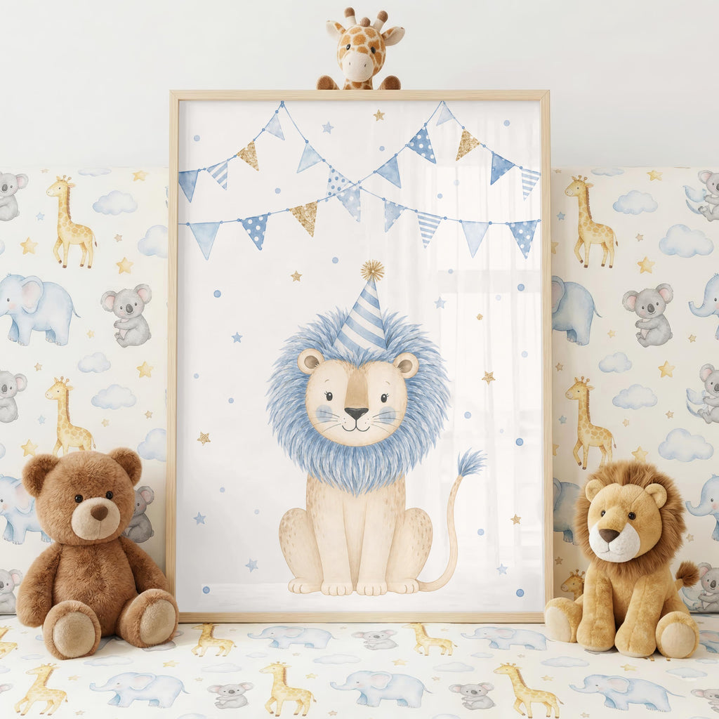Lion Nursery Print, Blue Safari Wall Art, Baby Boy Nursery Decor, Cute Lion Poster, Animal Nursery Print, A4 A3