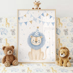 Lion Nursery Print, Blue Safari Wall Art, Baby Boy Nursery Decor, Cute Lion Poster, Animal Nursery Print, A4 A3