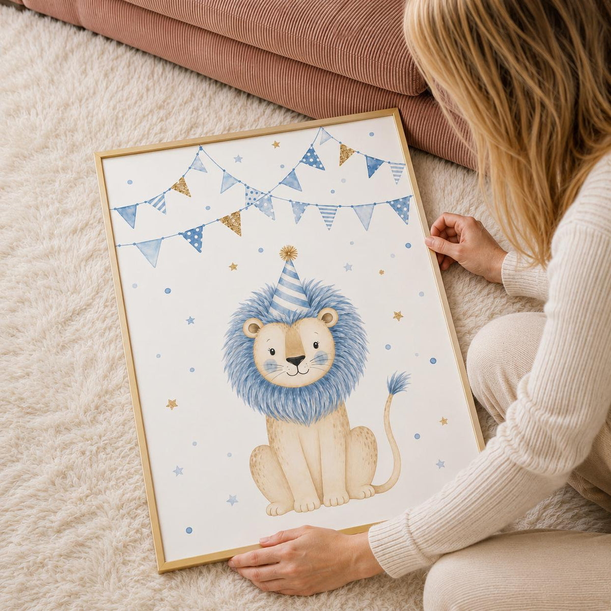 Lion Nursery Print, Blue Safari Wall Art, Baby Boy Nursery Decor, Cute Lion Poster, Animal Nursery Print, A4 A3